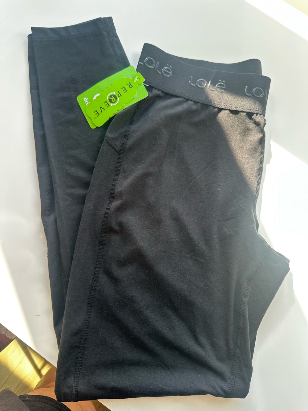 Lole Black Leggings with Logo Waistband and Green Tag